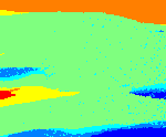 A domain wall avalanche in a ferromagnetic thin film. The color represent the local switch time